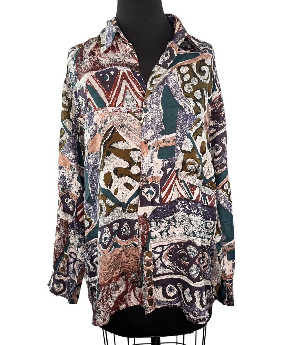 VINTAGE IN Private Blouse Silk Abstract Collared Casual Button-Up Size Medium M
